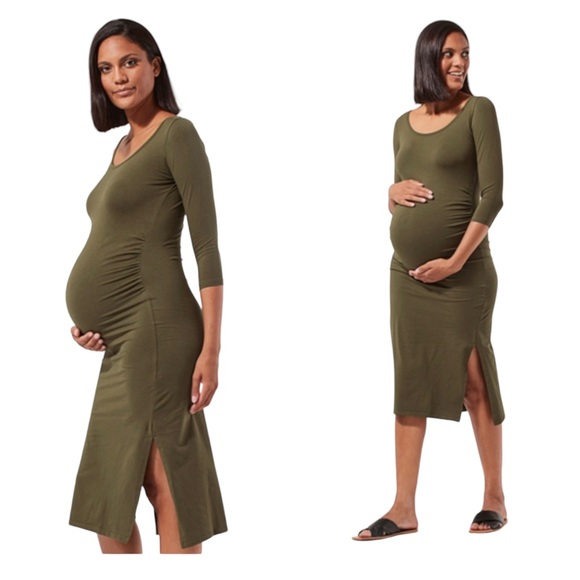 Pact Dresses & Skirts - Pact Maternity party midi dress bodycon cinch slit long sleeve olive green small